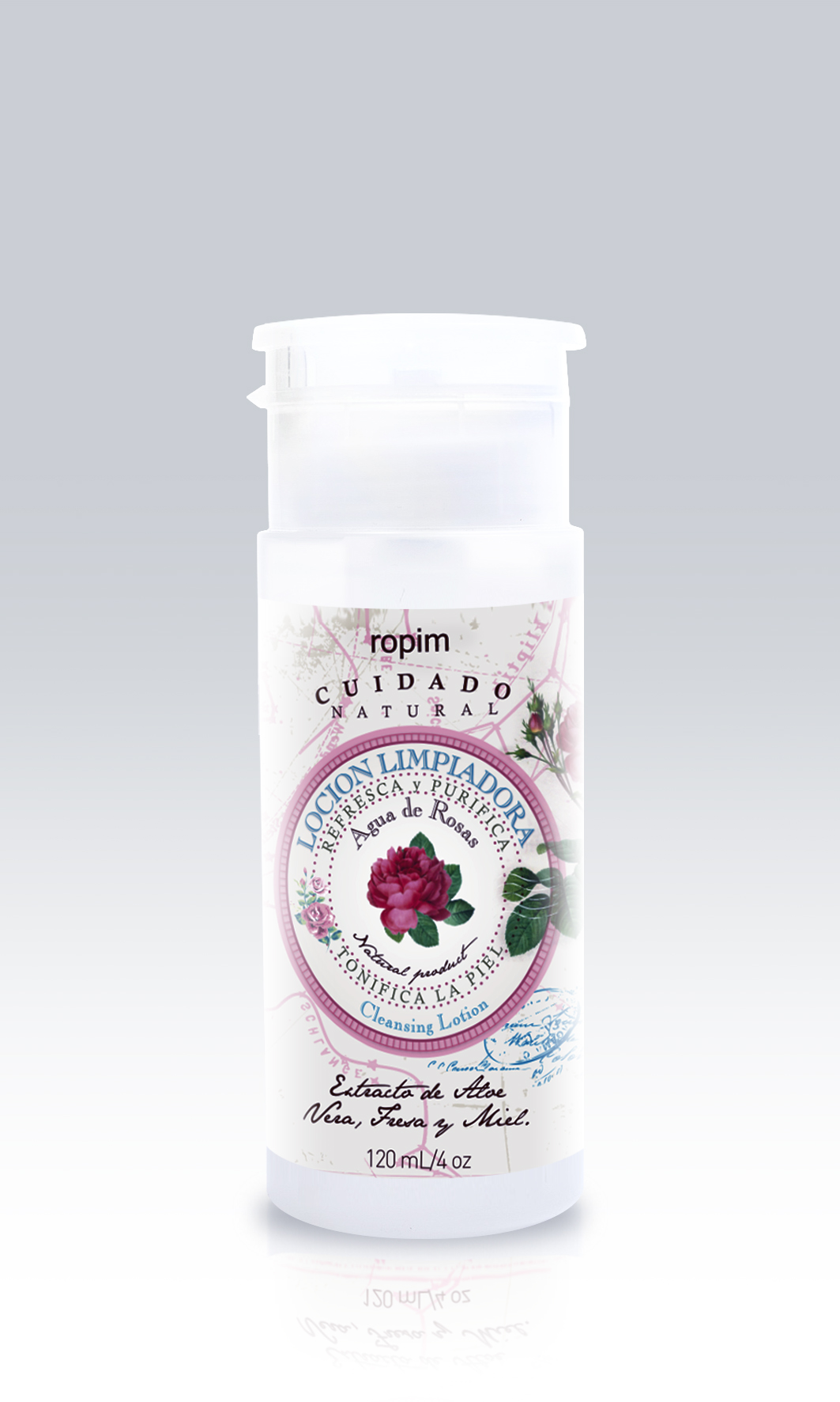 Frasco de 120 ml. La Loción limpiadora agua de rosas de ROPIM Laboratorio es para pieles grasosas y de poros visibles. Actúa como astringente y tonificante.